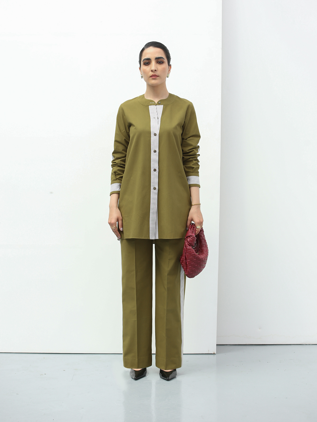 Olive Green Co-Ord Set by The Kuku Store, Pakistan.