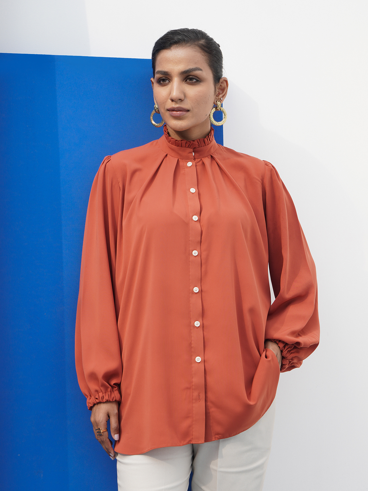 Burnt Orange Button Down Shirt by The Kuku Store, Pakistan.