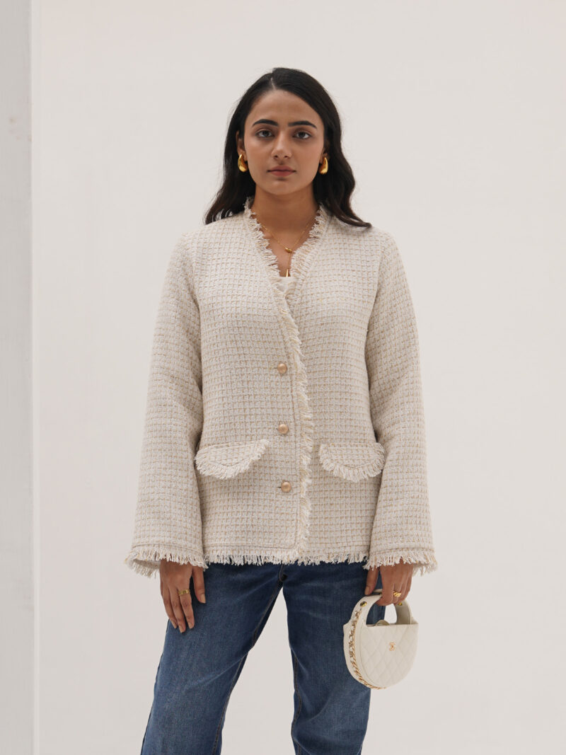 Beige Tweed Fray Edges Blazer