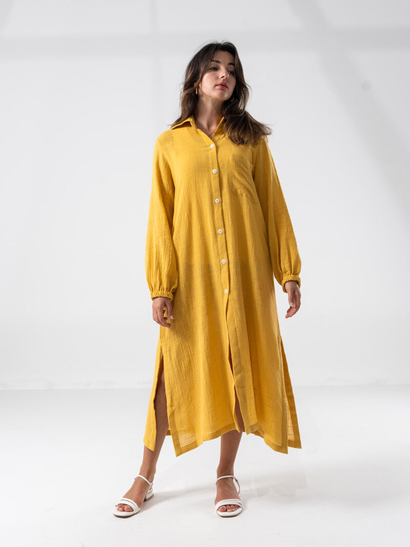 Mustard linen shirt dress