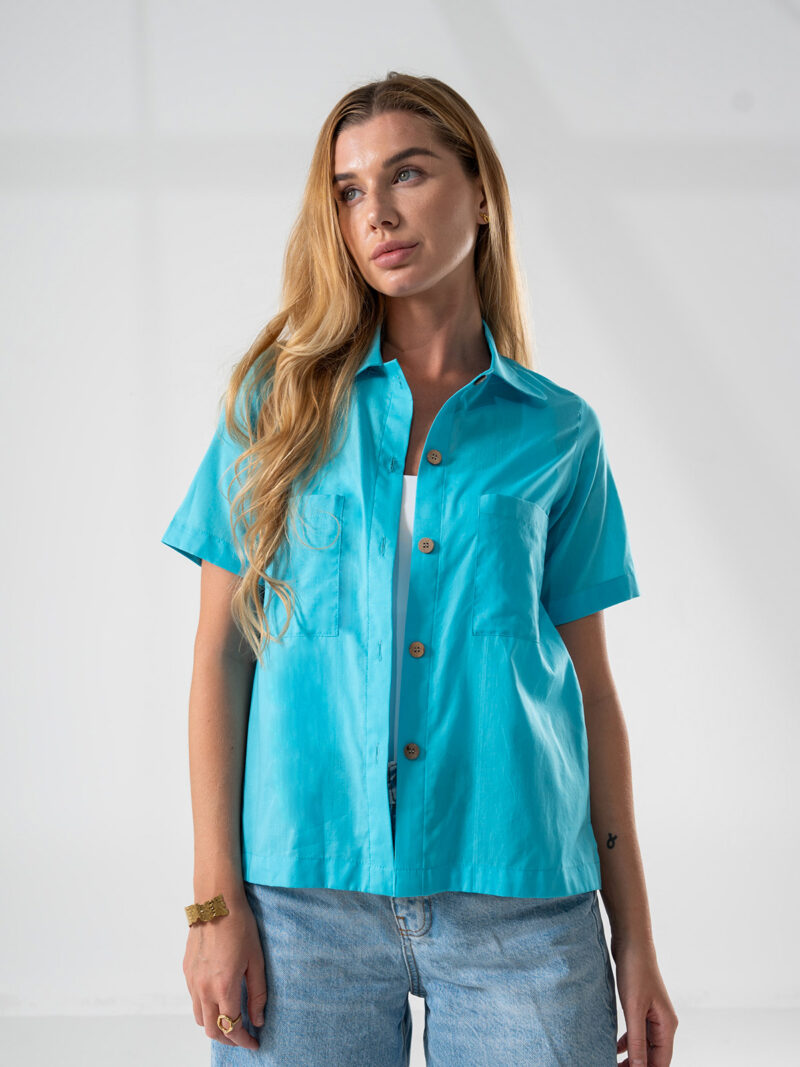 Aqua linen button down shirt