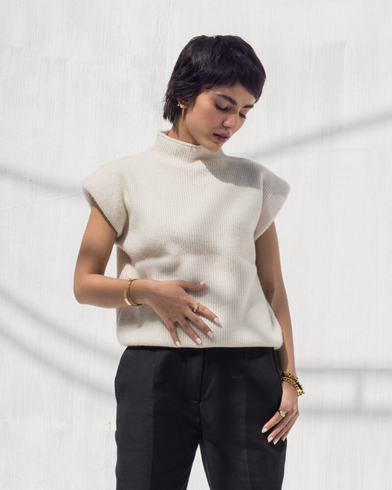 Cap Sleeves Knit Sweater-Beige